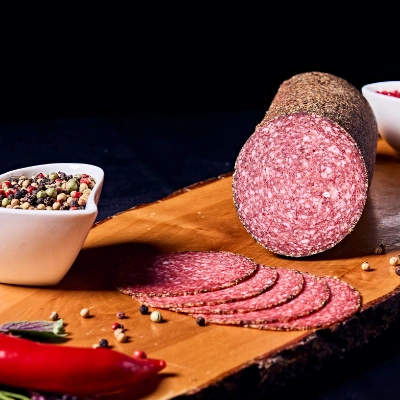 Hausgemachte Pfeffersalami – luftgereift, in Scheiben geschnitten und angerichtet auf Holzbrett mit bunter Pfeffermischung